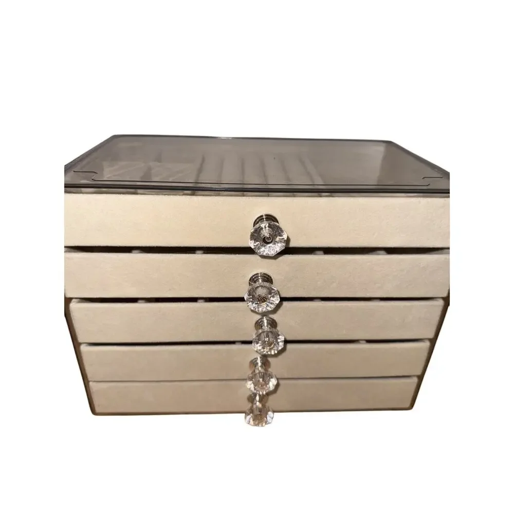 NWT Earring Jewelry Storage Box Organizer Acrylic 5 Drawers Beige Velvet Trays